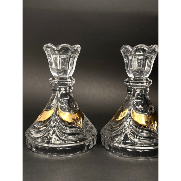 Vintage Set Lead Crystal CANDLE HOLDERS Gold Wing Design Anna Hutte Bleikristall - Picture 2 of 16